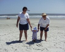 Rachel walking on the beach with Mommy and Aunt Kathy.